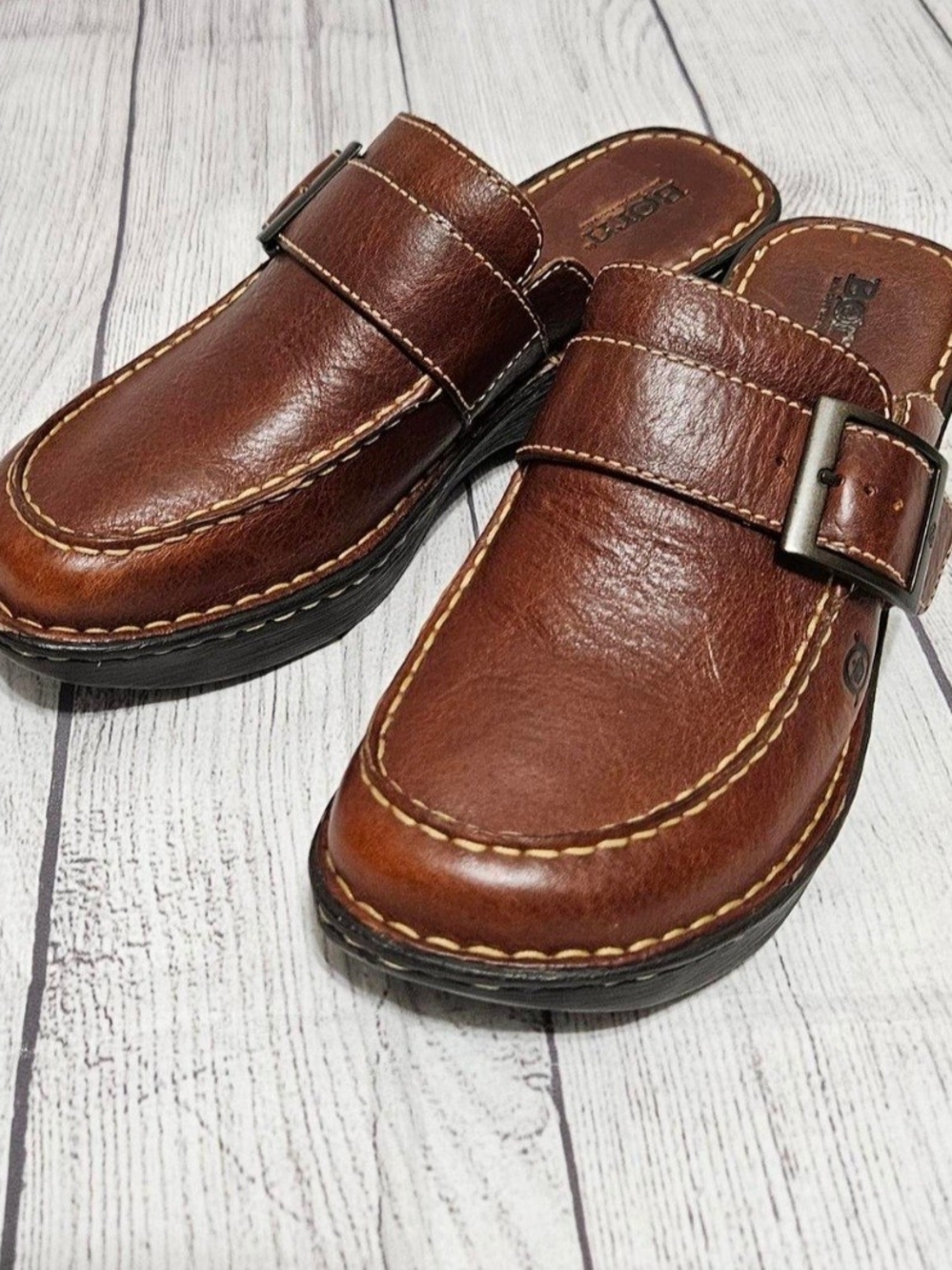 Born Brown Leather Slip-On Mule with Buckle Strap